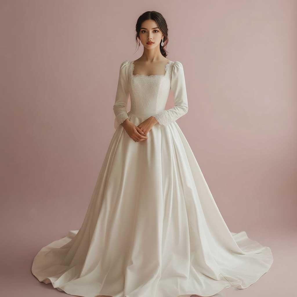chinese dress ladies Berylove Women White Mermaid Wedding Dress Court Train Square Neck Long Sleeve Bridal Dress with Lace, White / US20W