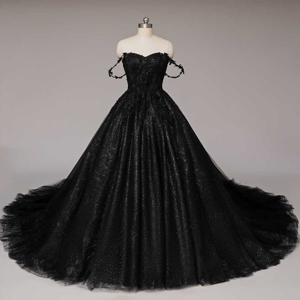 Black Lace Ball Gown Wedding Dress with Lace Straps | TYRA