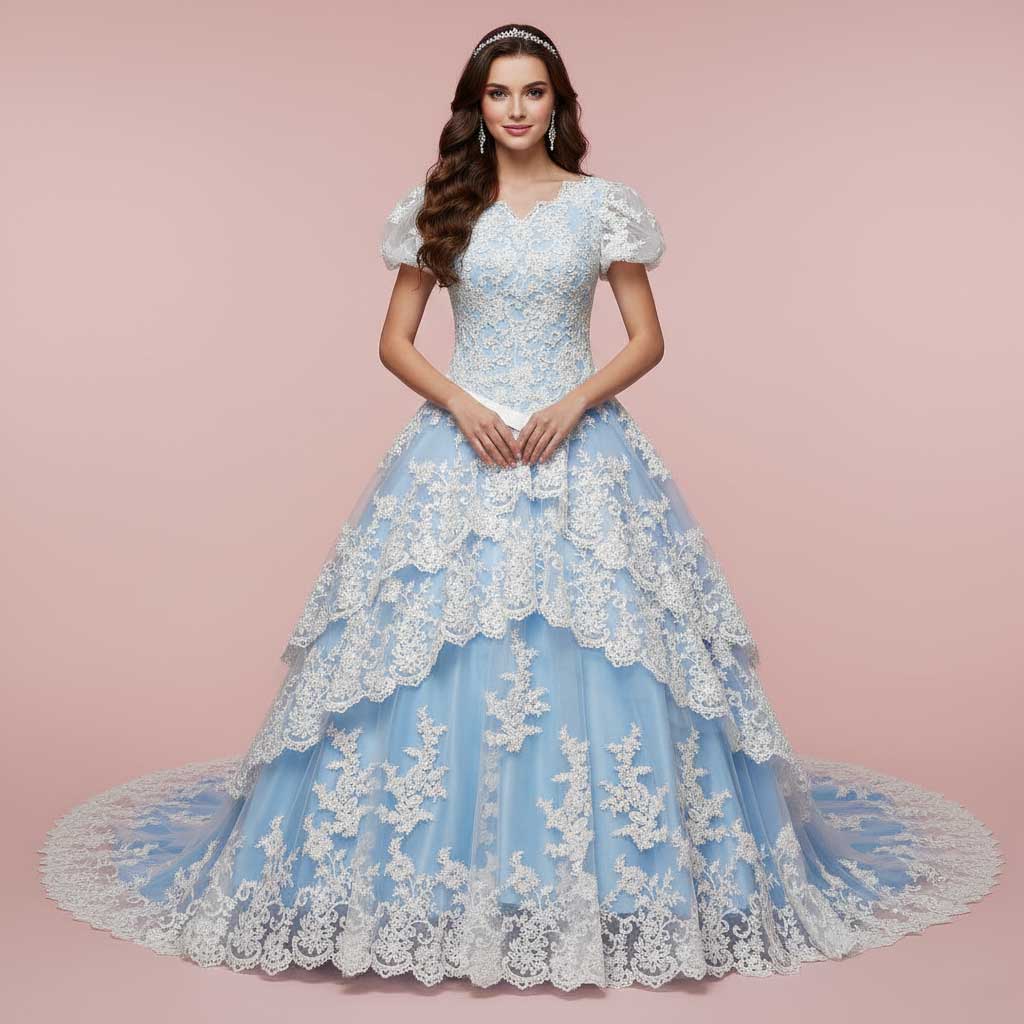 Blue Tiered Lace Wedding Dress with Short Sleeves ROLYN – ieie