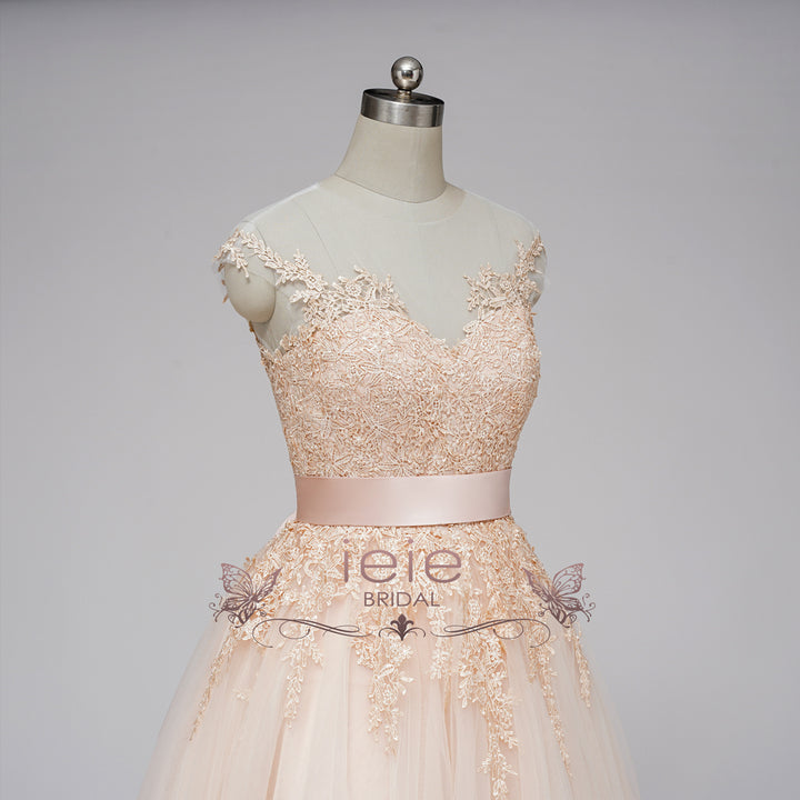 Vintage Blush Tea Length Wedding Dress with Illusion Neck | AELLA