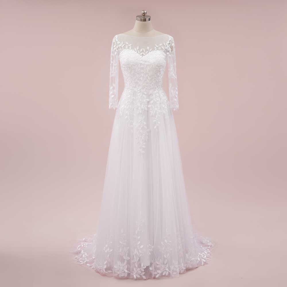 Slim A-line Lace Wedding Dress with Long Sleeves | CADENCE White / Size 2 Slim A-line Lace Wedding Dress with Long Sleeves | CADENCE White / Size 2