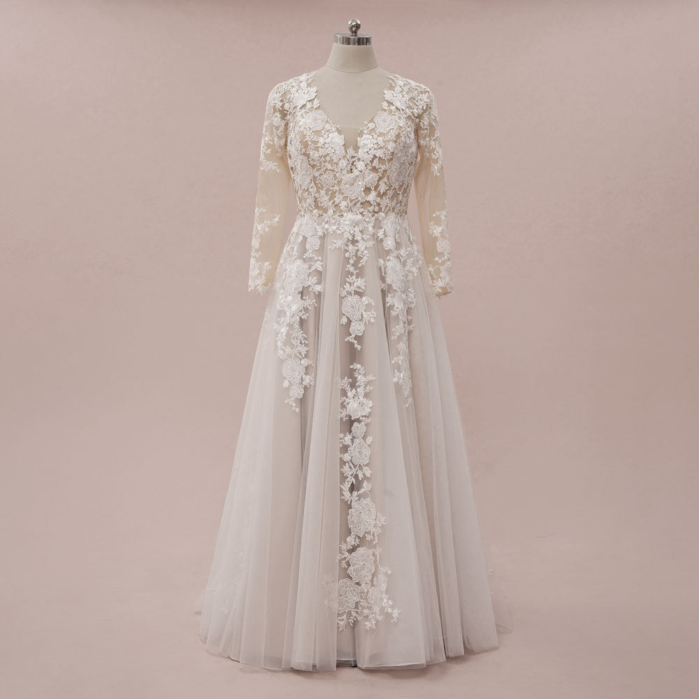 Boho Lace Wedding Dress with Long Sleeves and Illusion Back | ELANA Size 14 / Ivory Boho Lace Wedding Dress with Long Sleeves and Illusion Back | ELANA Size 14 / Ivory