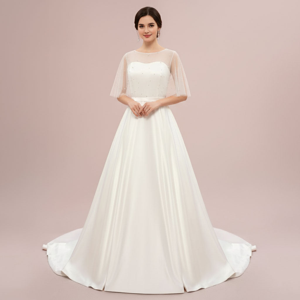 Elegant A-Line Satin Wedding Dress with Pearl Beaded Illusion Neckline