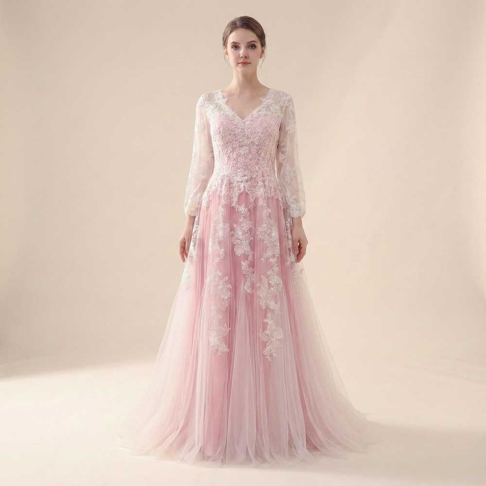 Pink Boho Lace Wedding Dress with Long Sleeves | FLORIA Size 22W Pink Boho Lace Wedding Dress with Long Sleeves | FLORIA Size 22W