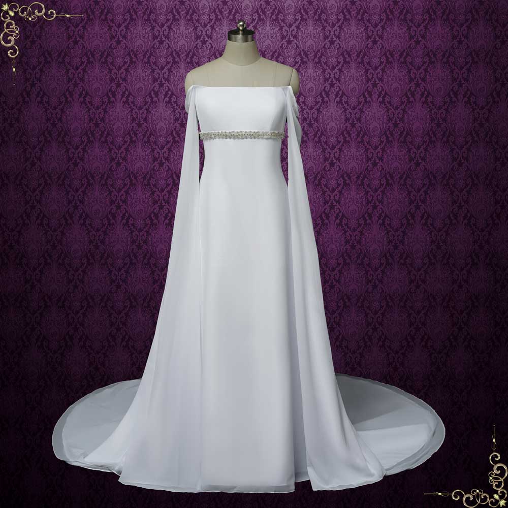 Celtic Medieval Inspired Chiffon Wedding Dress with Cape Sleeves