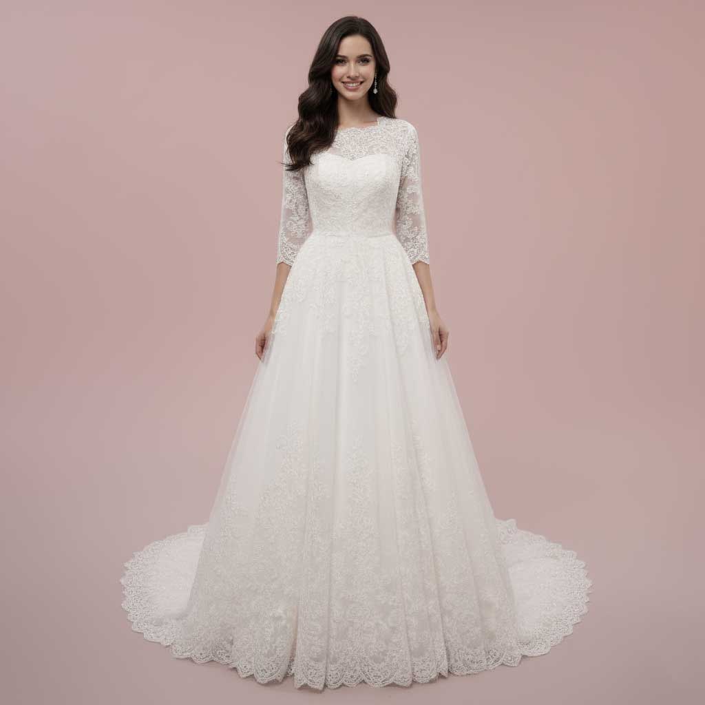 princess long sleeve ball gown wedding dresses Beautiful Princess Ball Gown With Long Illusion Tulle Sleeves Bridal Gown 40
