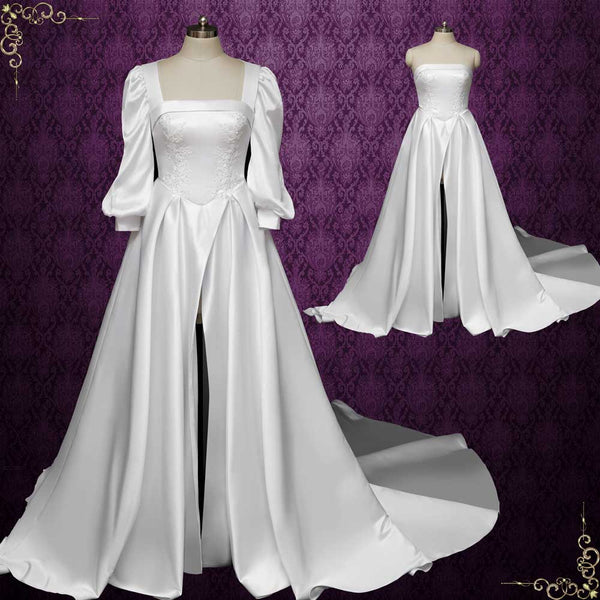 Convertible Satin A-line Wedding Dress with Slit | RAMONA