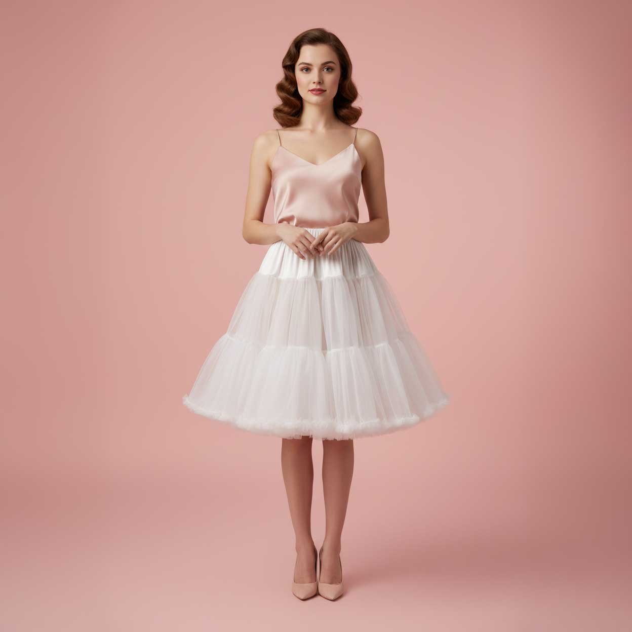 Knee Length Retro 1950s Ivory and White Short Tulle Petticoat PT1007 Size 20W / Ivory
