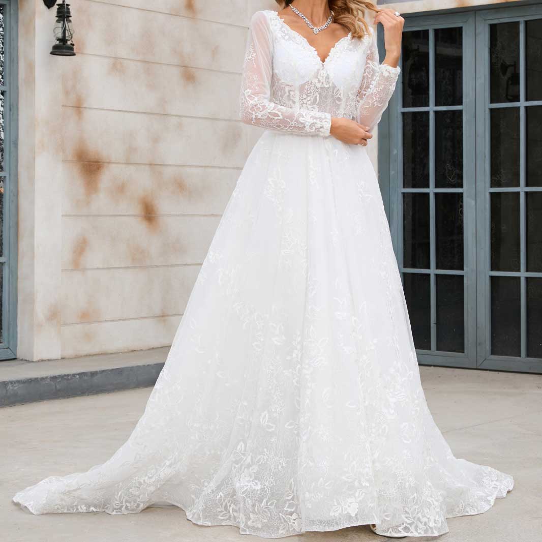 Lace A-line Wedding Dress with Long Sleeves X1004 – ieie