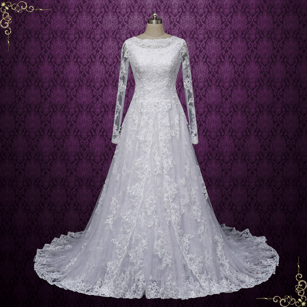 Classic Modest Lace A-Line Wedding Dress with Long Sleeves | Emberline Size 24W / Ivory Classic Modest Lace A-Line Wedding Dress with Long Sleeves | Emberline Size 24W / Ivory