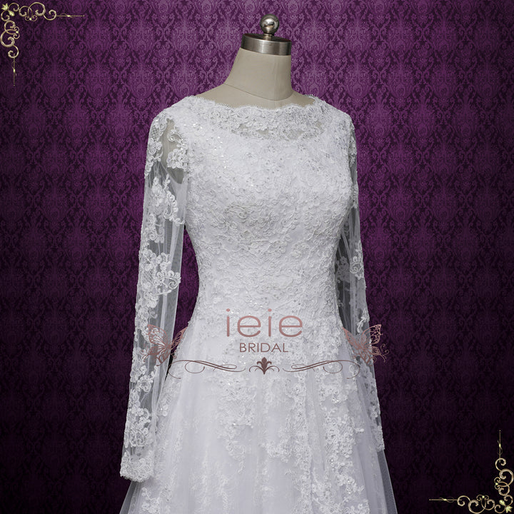 Classic Modest Lace A-line Wedding Dress with Long Sleeves | EMBERLINE