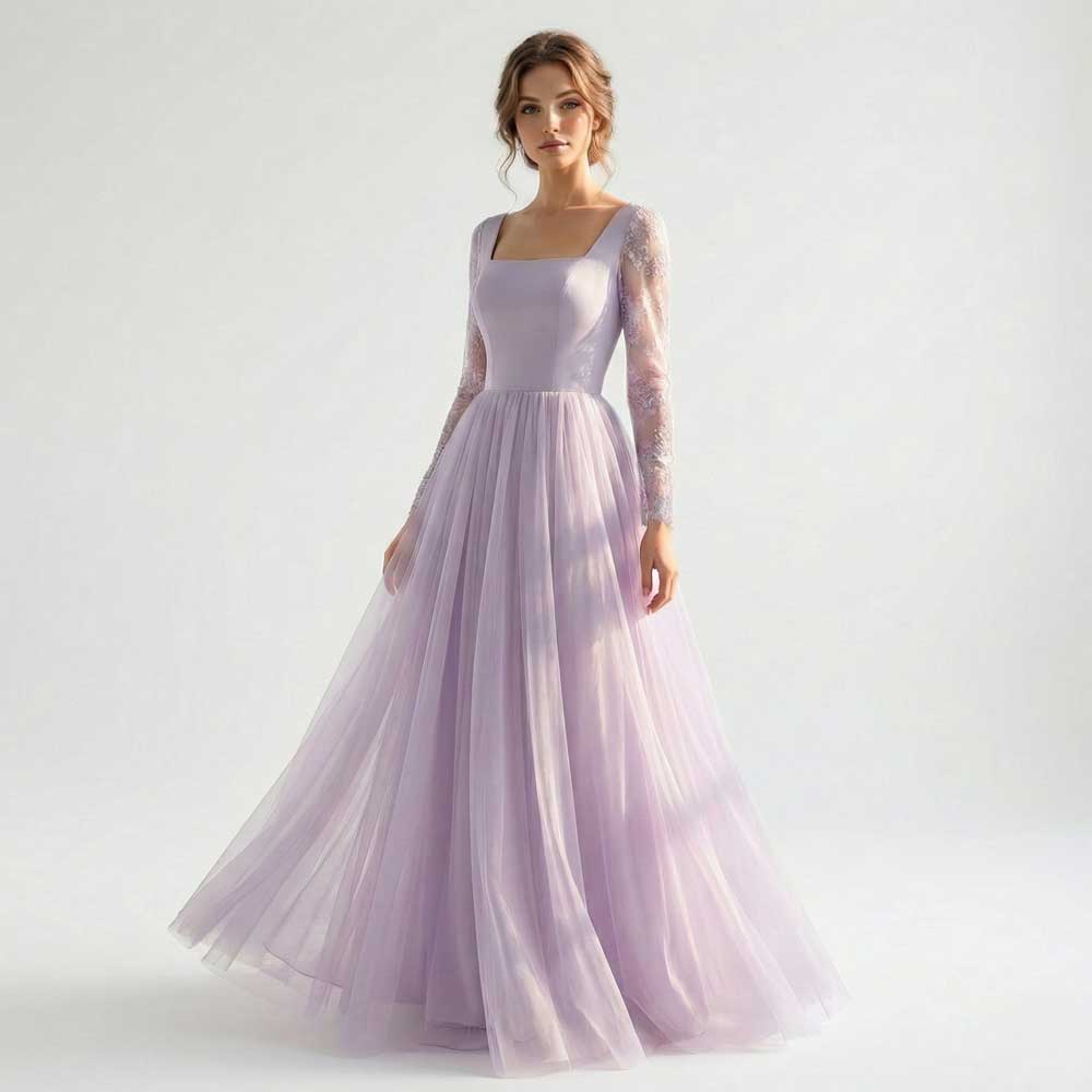 Lavender Purple Lace Wedding Dress with Long Sleeves | VIOLIA ieie Lavender Purple Lace Wedding Dress with Long Sleeves | VIOLIA ieie