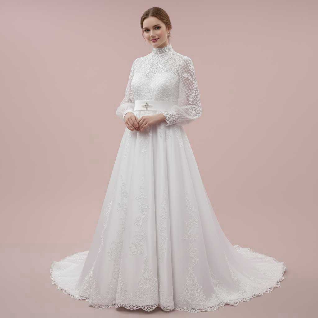 long sleeve keyhole wedding dress Long Sleeves Lace Wedding Dress with High Neck