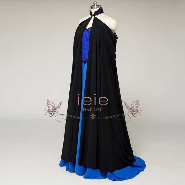 Fantasy Theme Royal Blue Lace Wedding Dress with Black Cape | MAUDE