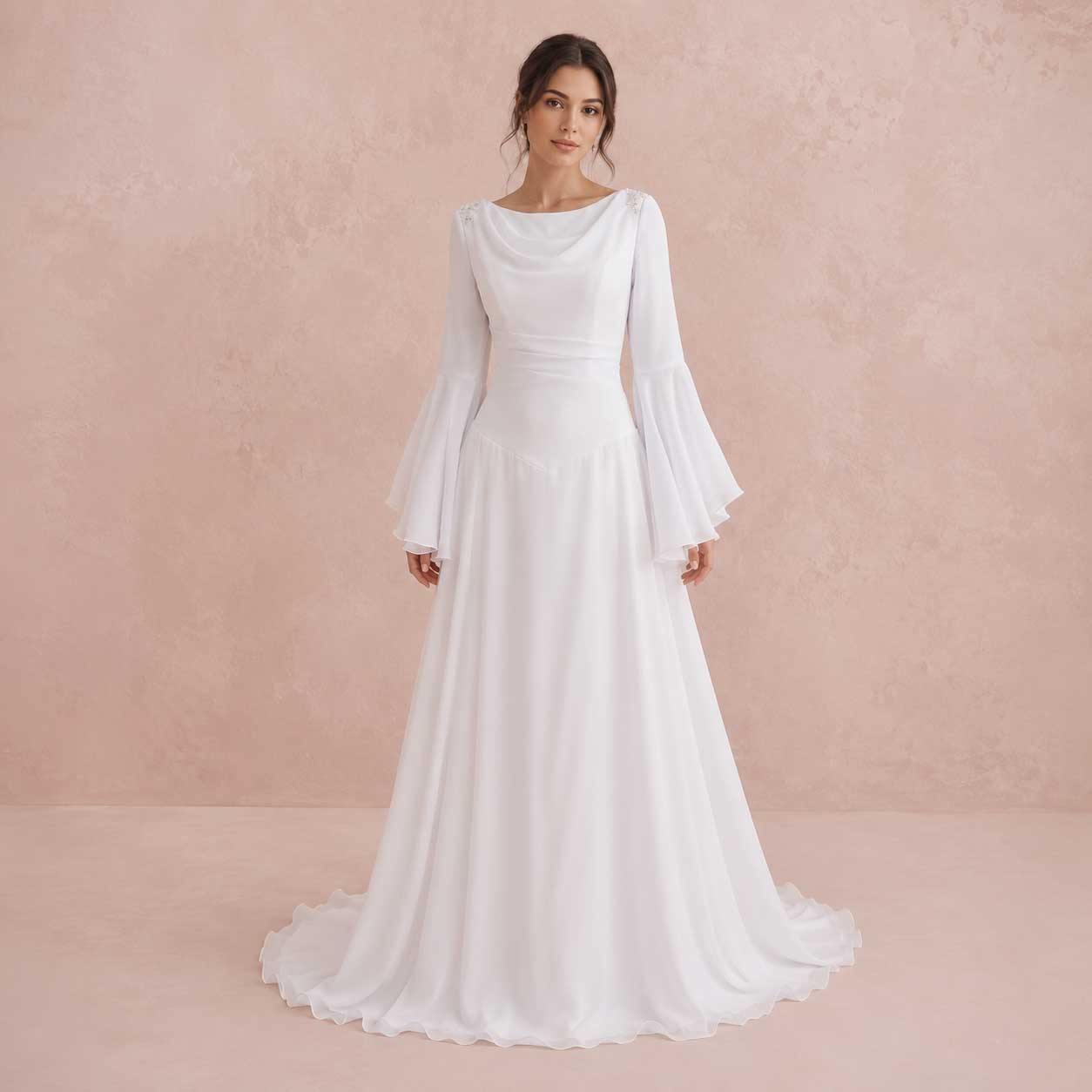 Chiffon Medieval Wedding Dress with Long Sleeves SANCHIA Size 16W / White
