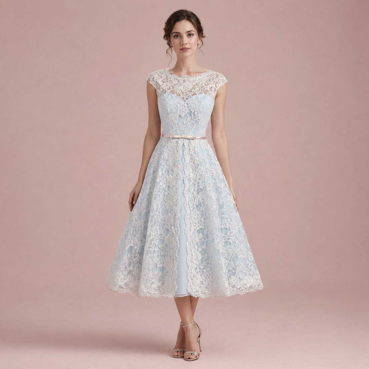 Ice Blue Vintage Lace Tea Length Wedding Dress SHANNON – ieie