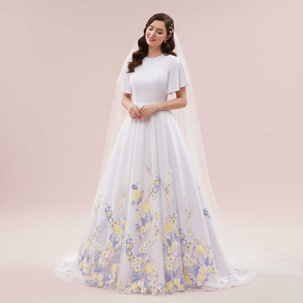 Modest A-line Wedding Dress with Color Embroidered Lace | ROSEMARIE Size 0 / Original Modest A-line Wedding Dress with Color Embroidered Lace | ROSEMARIE Size 0 / Original