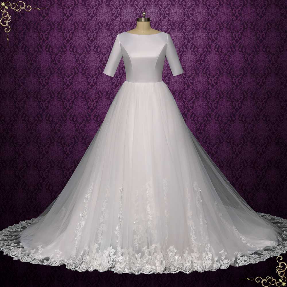 Modest Satin Lace Wedding Dress with Sleeves | LAUREL Size 16 / White Modest Satin Lace Wedding Dress with Sleeves | LAUREL Size 16 / White