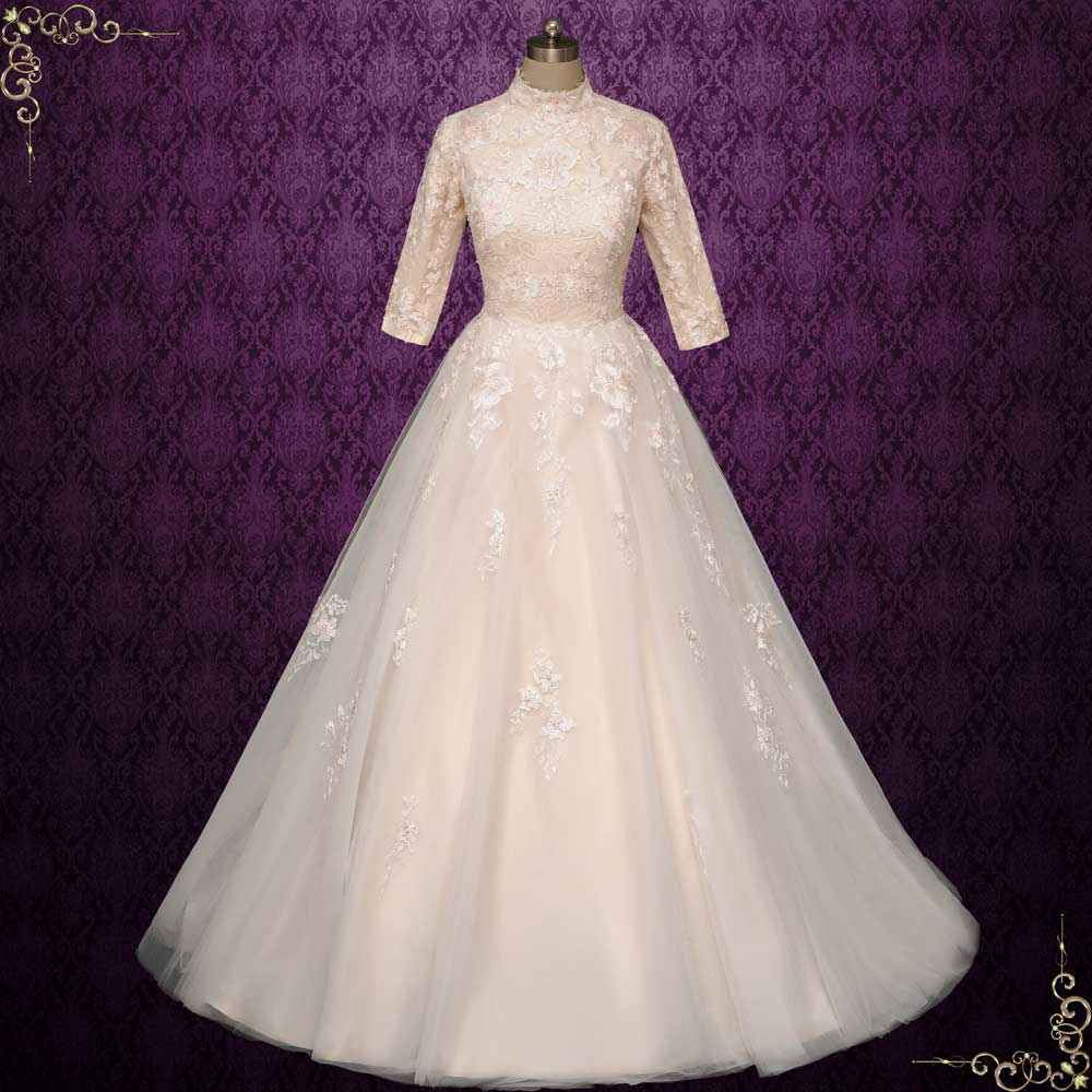 Modest Champagne Floral Lace Ball Gown Wedding Dress with 3/4 Sleeves | GRANVILLE Modest Champagne Floral Lace Ball Gown Wedding Dress with 3/4 Sleeves | GRANVILLE