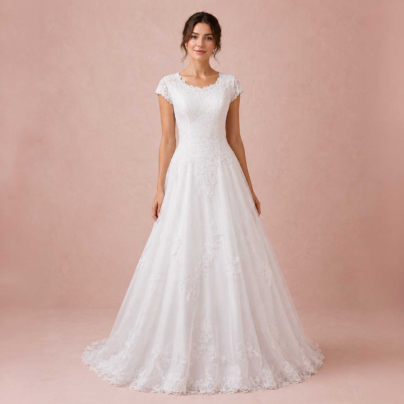 Modest Lace Wedding Dress With Short Sleeves | Adalia