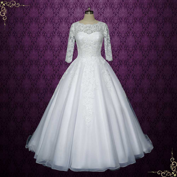Ball Gown Lace Wedding Dress with Illusion Lace Neckline | LUTHERA