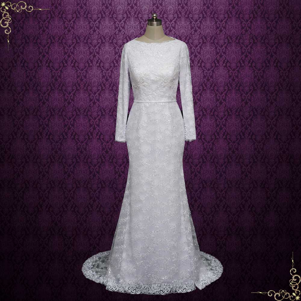 Modest Fitted A-Line Lace Wedding Dress with Long Sleeves | Meena Size 16 / Ivory Modest Fitted A-Line Lace Wedding Dress with Long Sleeves | Meena Size 16 / Ivory