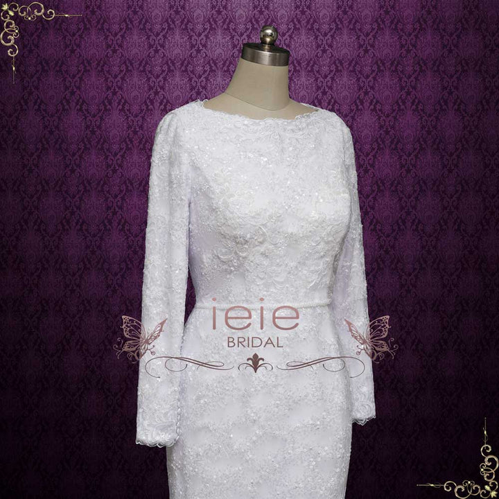 Modest Fitted A-line Lace Wedding Dress with Long Sleeves | MEENA