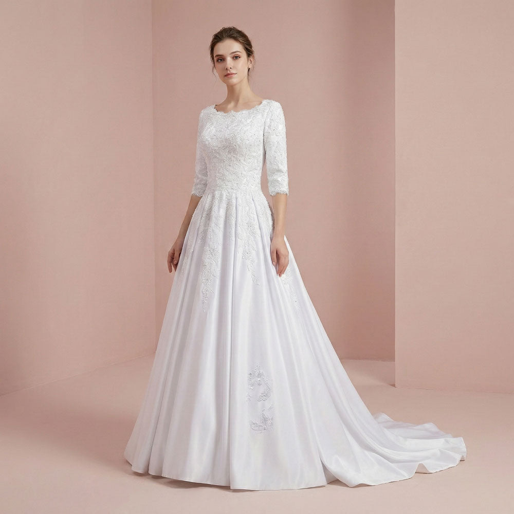 Modest Lace Wedding Dress with Half Sleeves AMBROSE ieie Modest Lace Wedding Dress with Half Sleeves AMBROSE ieie