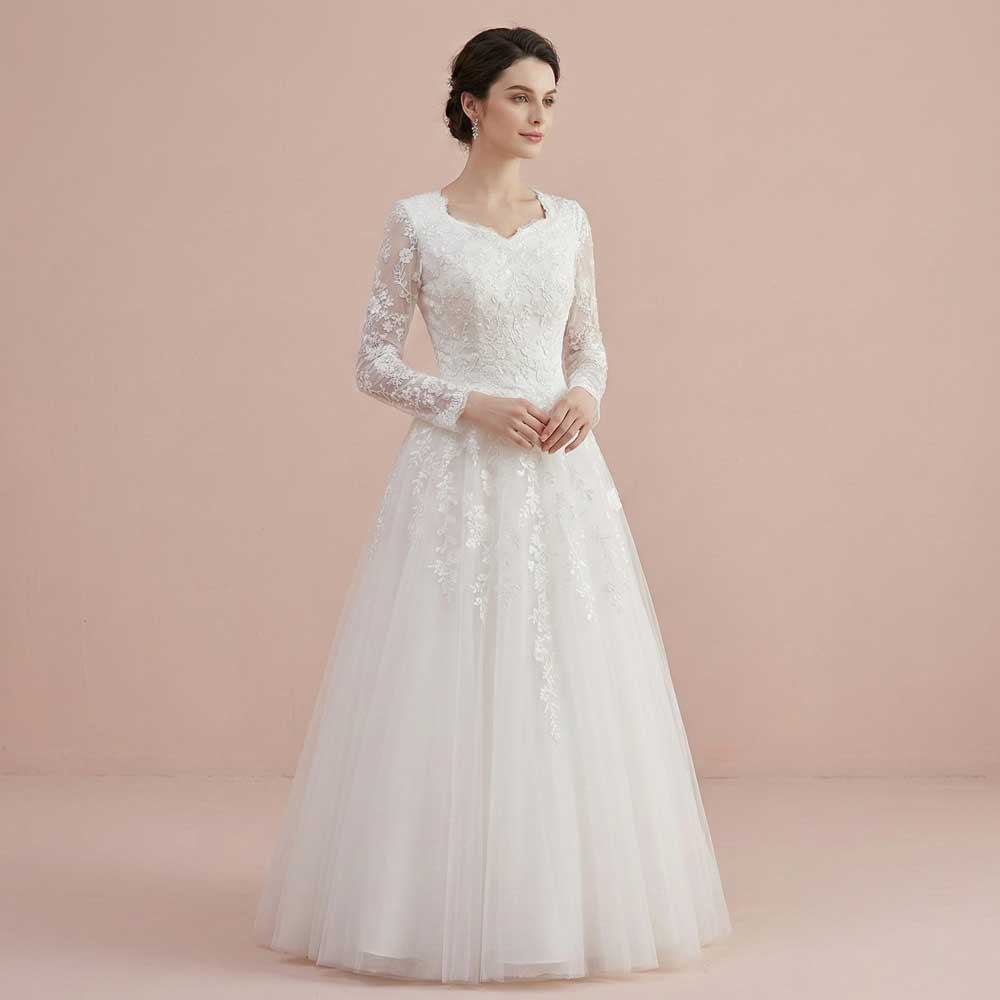 Modest Lace Wedding Dress with Long Sleeves