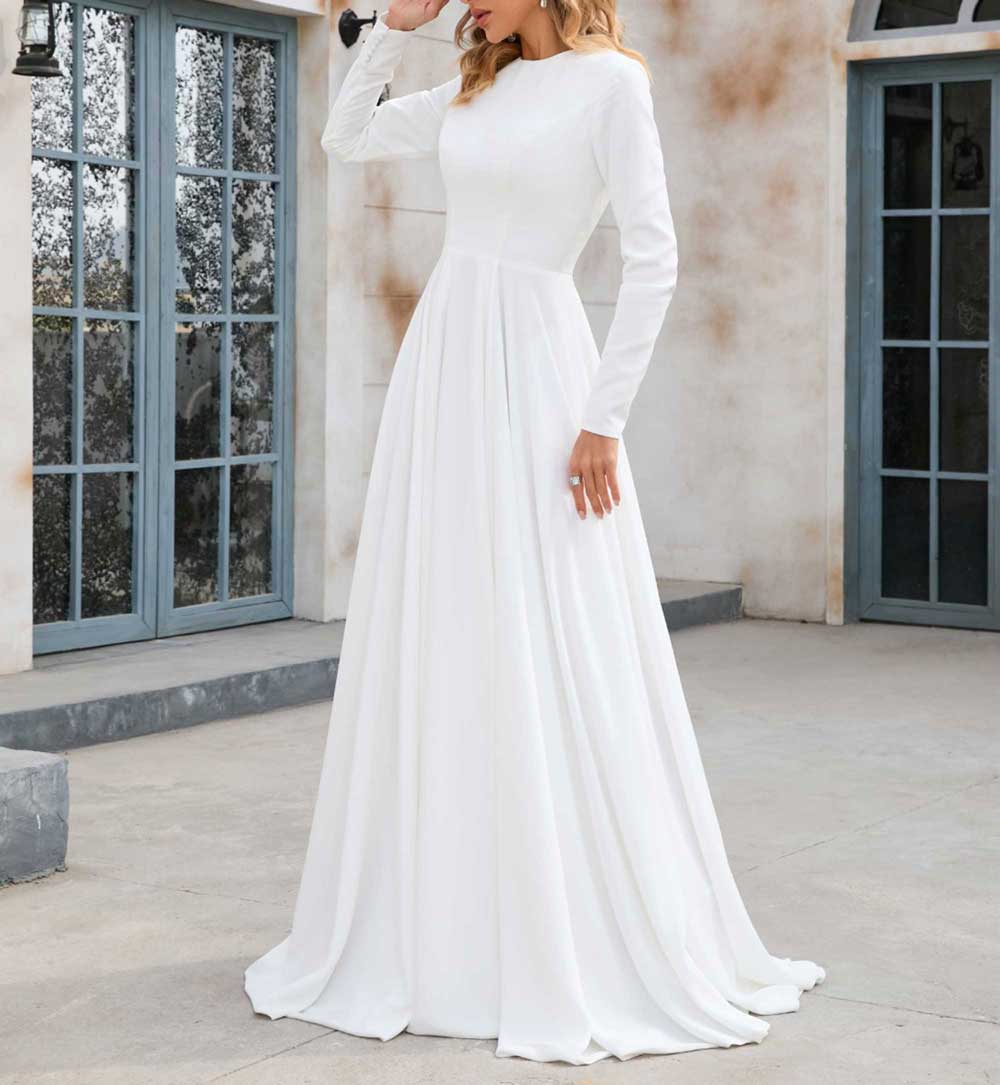 Minimal Simple Crepe Wedding Dress with Long Sleeves X1001 Size 2 / Ivory Minimal Simple Crepe Wedding Dress with Long Sleeves X1001 Size 2 / Ivory