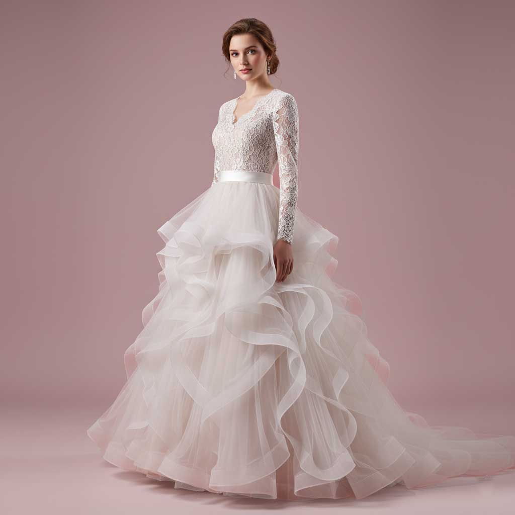 Modest Long Sleeves Wedding Dress with Ruffle Ball Gown Skirt | CRISTINE Size 24W / White Modest Long Sleeves Wedding Dress with Ruffle Ball Gown Skirt | CRISTINE Size 24W / White