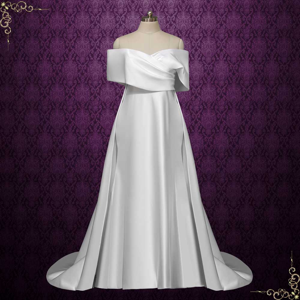 Modern Off the Shoulder Satin Fitted Wedding Dress NELSON Size 8 / White Modern Off the Shoulder Satin Fitted Wedding Dress NELSON Size 8 / White