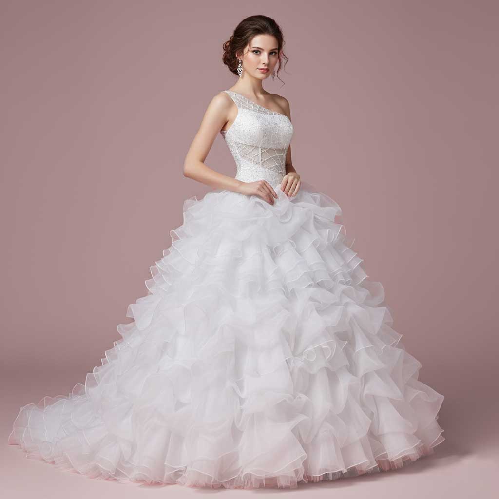 one shoulder organza wedding dress Organza A-line wedding dress with one-shoulder strap
