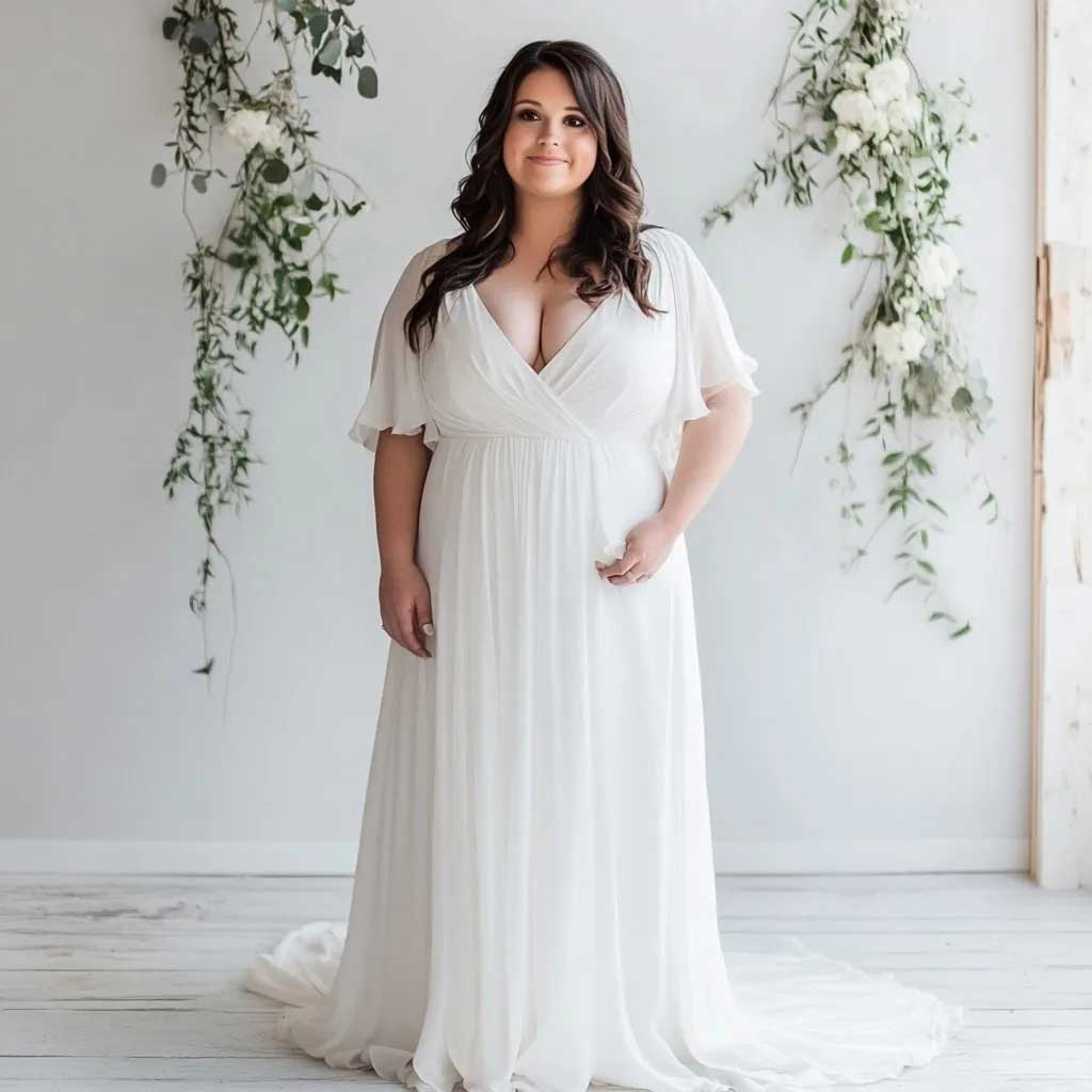 Plus Size Chiffon Wedding Dress with Flutter Sleeves WJ2407 Custom Size / White