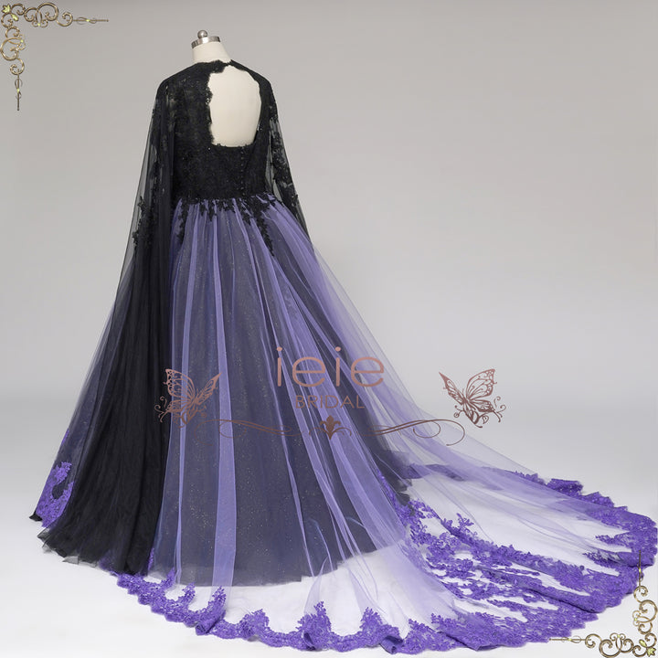 Gothic Black and Purple Lace Wedding Dress with Keyhole Back | ADRIA