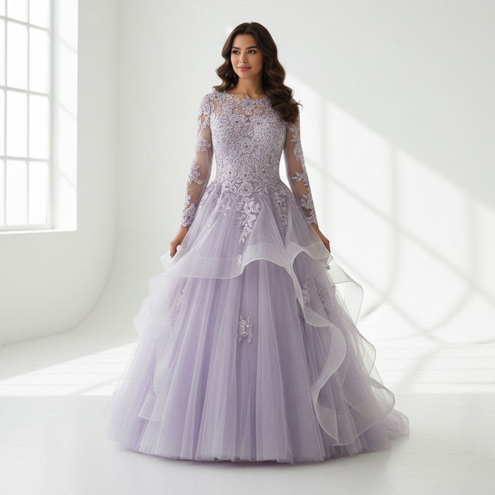 Modest Purple Lace Ball Gown Wedding Dress