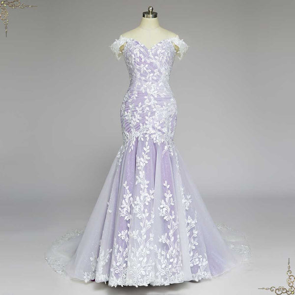 Purple Lace Mermaid Wedding Dress with Off Shoulder Sleeves | HOPKINS