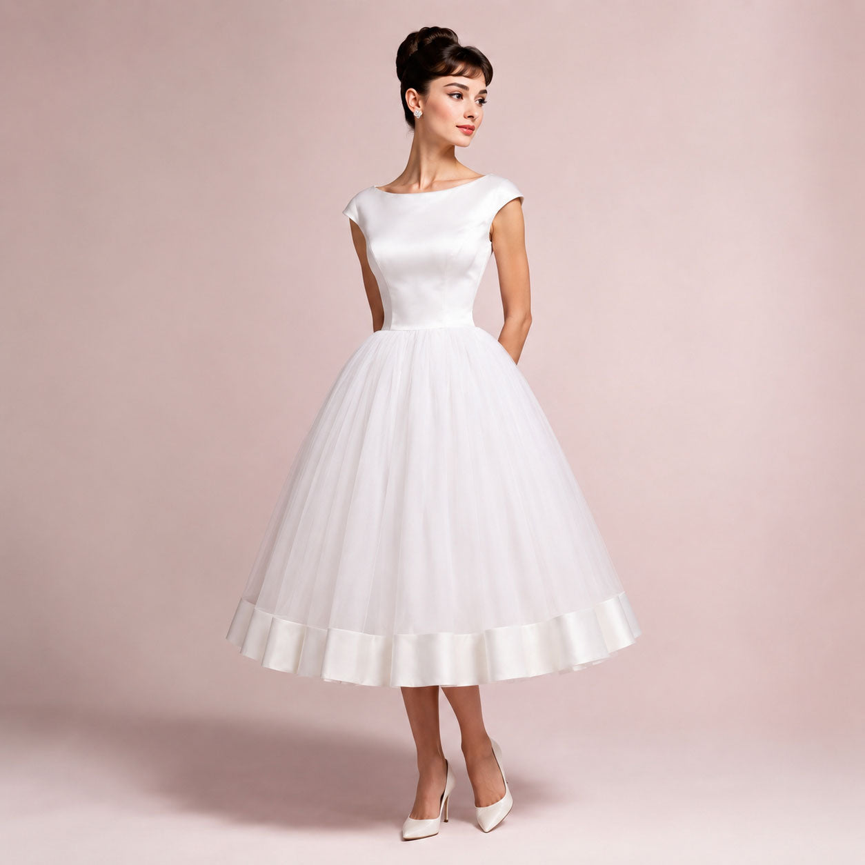 Audrey 1950s Vintage Tea Length Tulle Wedding Dress