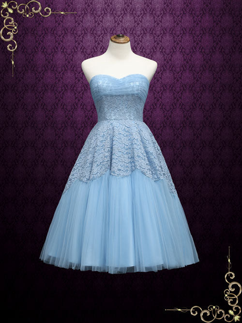 Vintage Blue 50s Tea Length Strapless Prom Dress GABBY