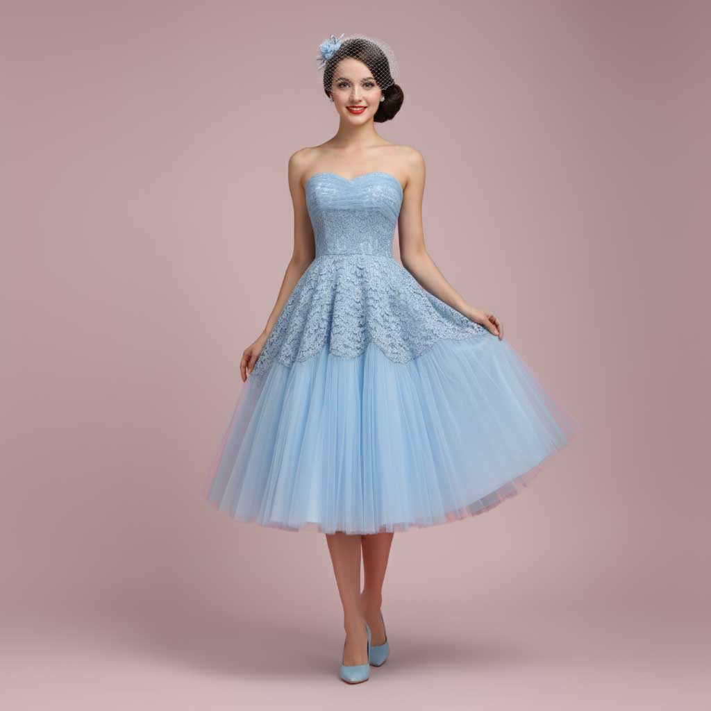 Retro 50s Tea Length Strapless Prom Dress GABBY Custom Size / Blue Retro 50s Tea Length Strapless Prom Dress GABBY Custom Size / Blue