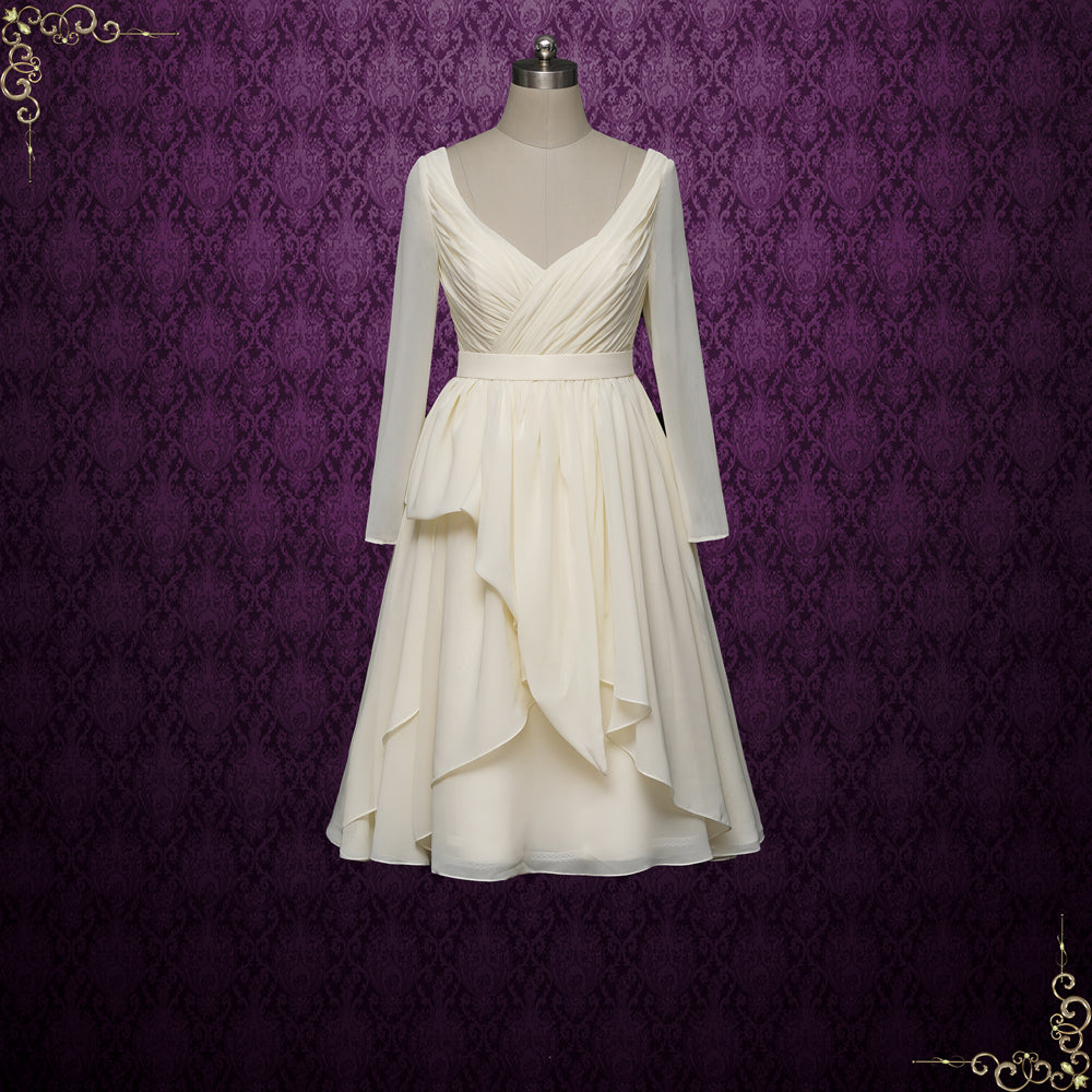 Short Chiffon Vintage Style Wedding Dress with Long Sleeves | Alpire II Size 22W / Dark Ivory Short Chiffon Vintage Style Wedding Dress with Long Sleeves | Alpire II Size 22W / Dark Ivory