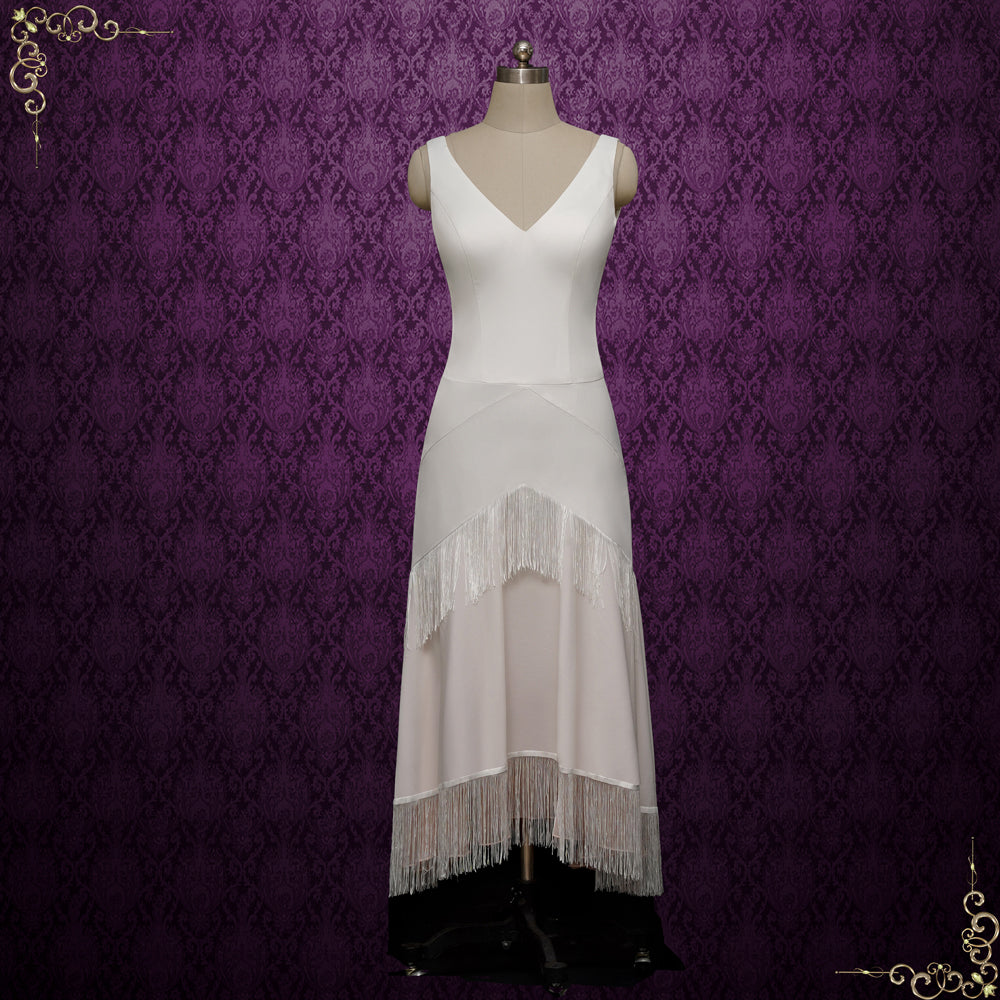 Vintage Hollywood Style Tea Length Wedding Dress with Tassels Skirt |ARIM Size 22W / Ivory