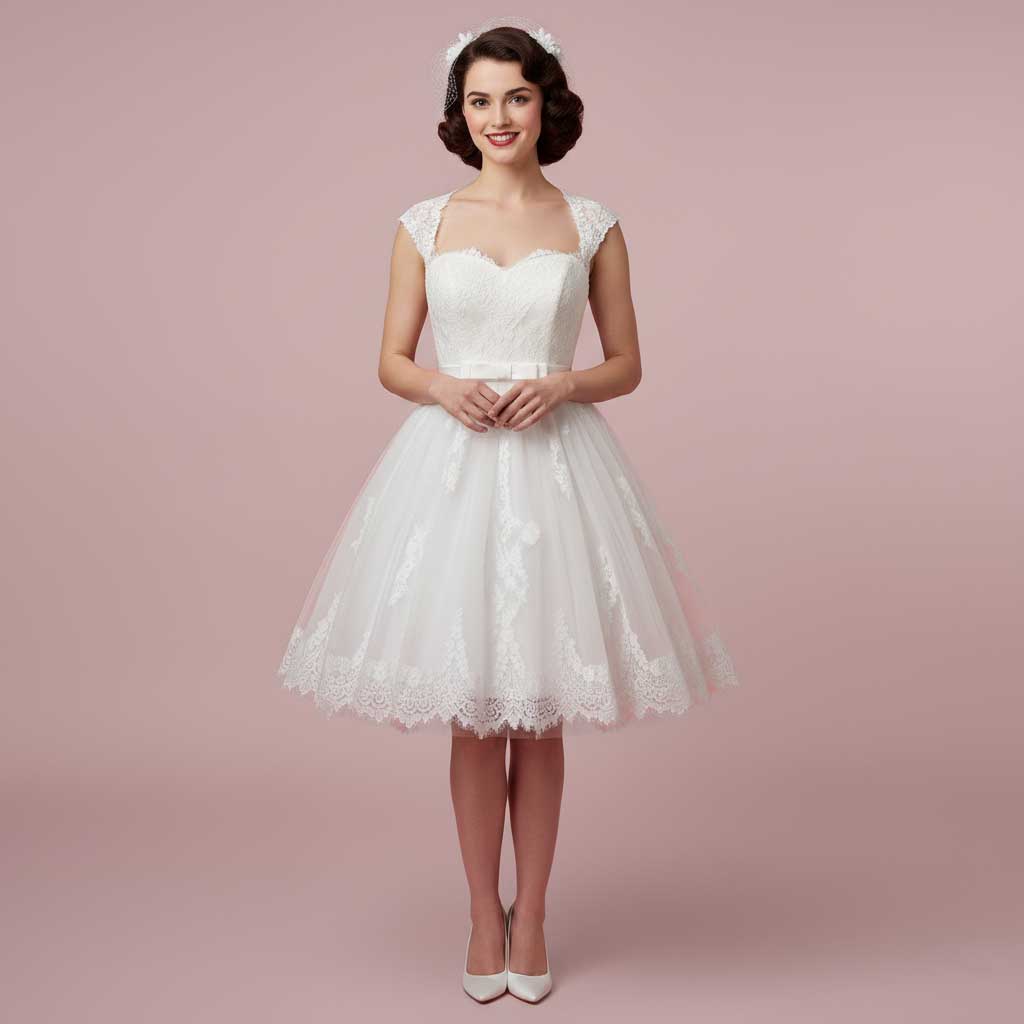 Retro Vintage Short Lace Wedding Dress with Queen Ann Neckline