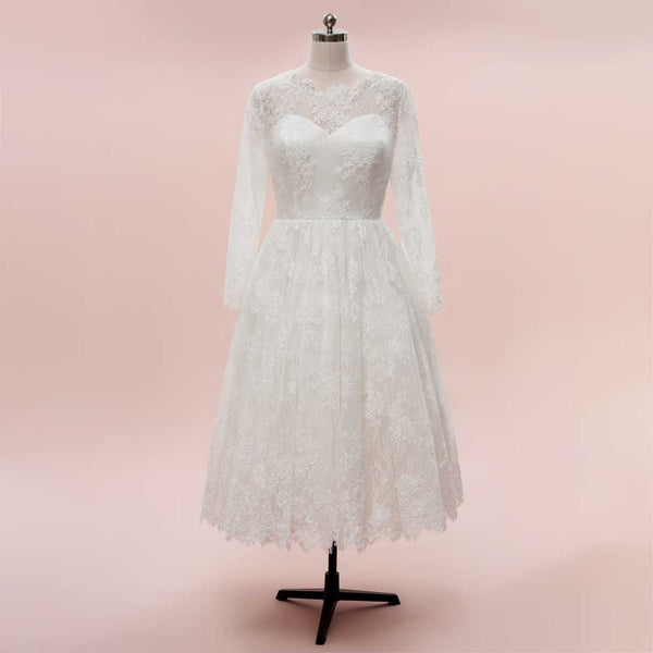 Vintage Short Tea Length Lace Wedding Dress with Long Sleeves HILDA