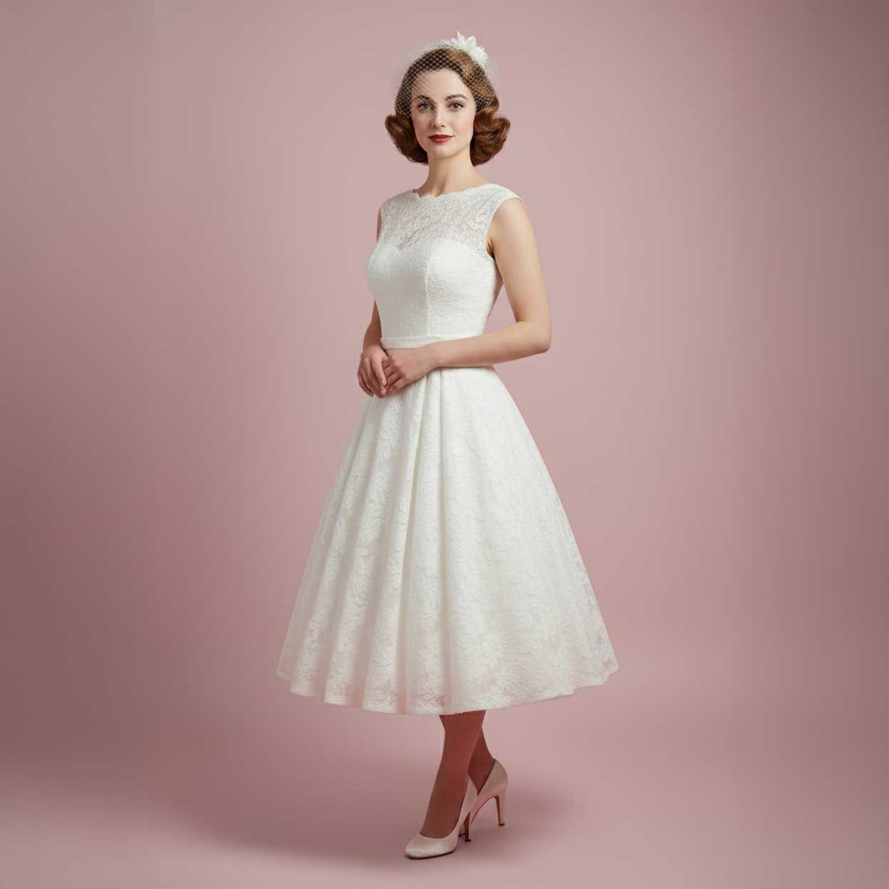 christina wu celebration bridesmaid dresses Vintage Style Lace Tea Length Wedding Dress with Pleated Skirt CAROLINE Size 4 / Ivory