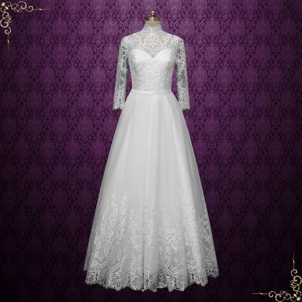 Vintage Style Lace Wedding Dress with High Neck | MARCH Custom Size / White Vintage Style Lace Wedding Dress with High Neck | MARCH Custom Size / White