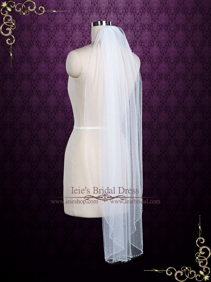One Layer Fingertip Short Wedding Veil with Pearls and Crystals VG1074