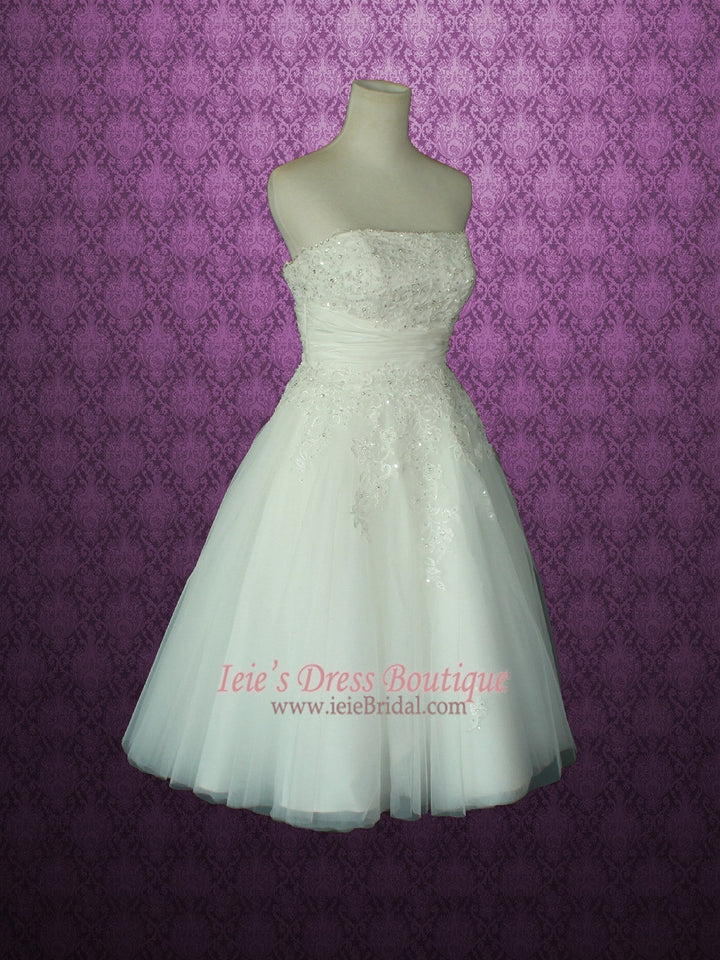 Retro Vintage Style Strapless Lace Tulle Tea Length Wedding Dress | Serena