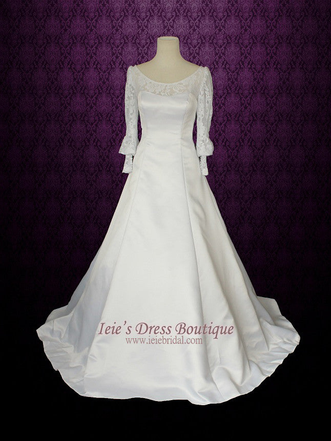Modest Long Sleeves Wedding Dress with Scoop Neck with Detachable train | Francine Modest Long Sleeves Wedding Dress with Scoop Neck with Detachable train | Francine