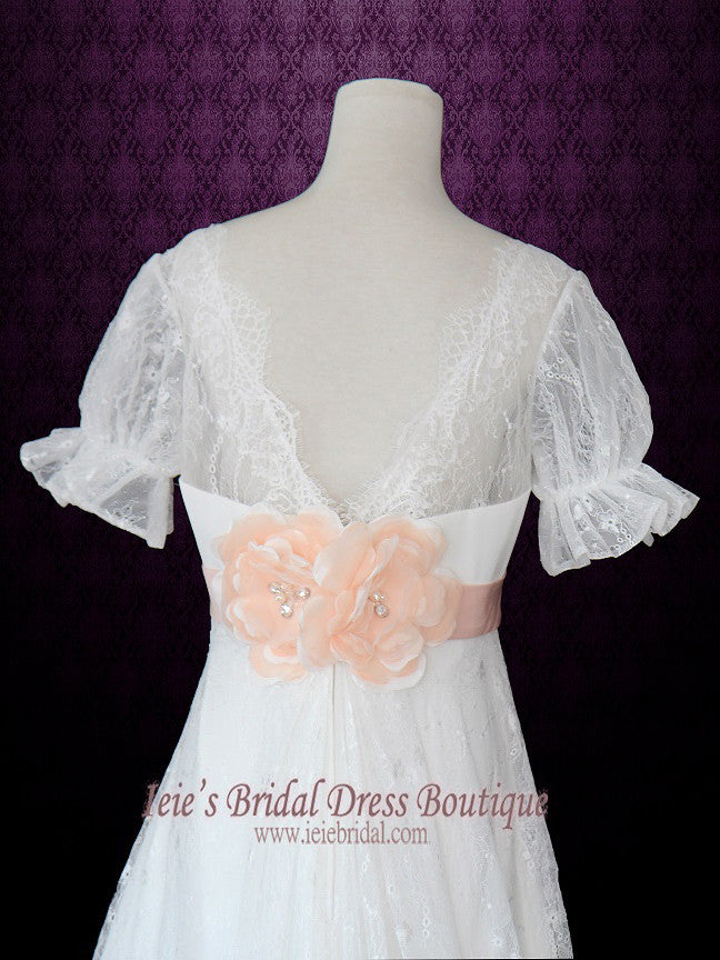 Empire Lace Wedding Dress with Sleeves Pink Sash and Flowers ANTJE